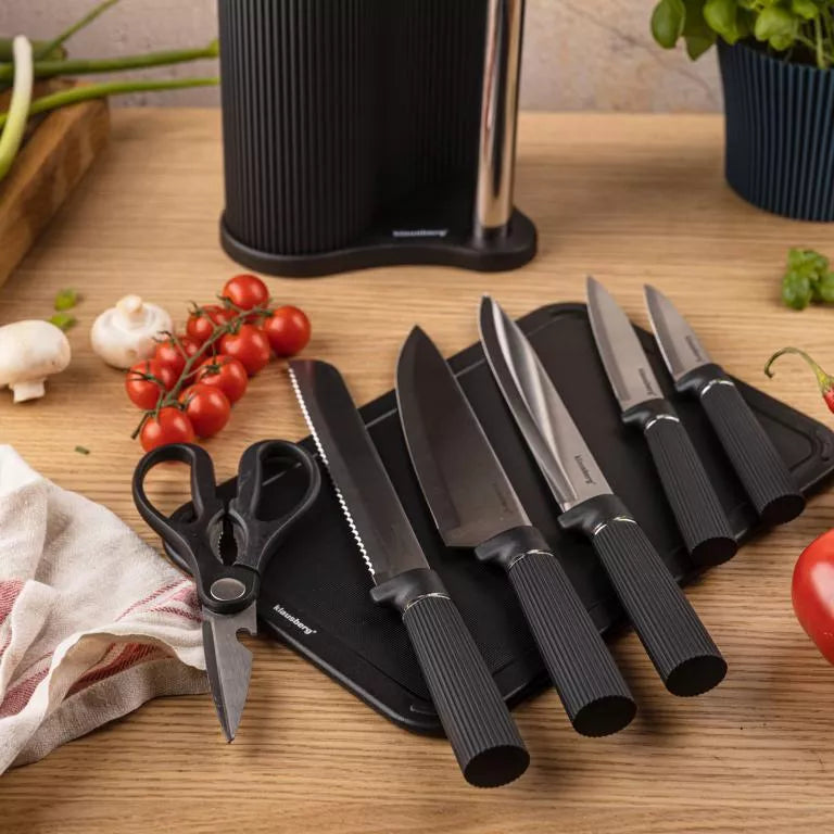 Klausberg peilių rinkinys su stovu, pjaustymo lentele ir popierinių rankšluosčių laikikliu 8 dalių juodas KB-7977