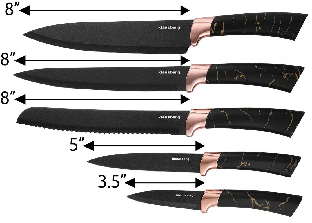 Klausberg virtuvinių peilių rinkinys su stovu, 5 dalių, juodas su rudos spalvos elementais KB-7768