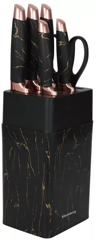 Klausberg virtuvinių peilių rinkinys su stovu ir žirklėmis, 6 dalių, juodas su rudos spalvos elementais KB-7770