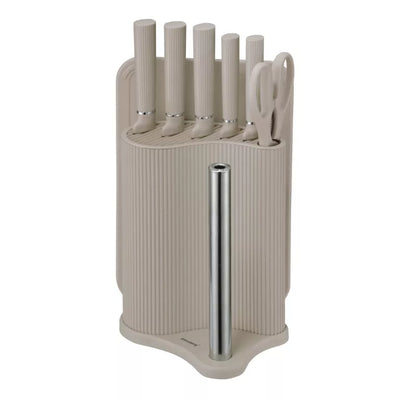 Klausberg peilių rinkinys su stovu, pjaustymo lentele ir popierinių rankšluosčių laikikliu 8 dalių smėlio spalvos KB-7978