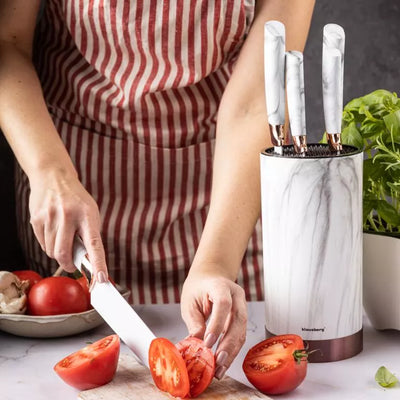 Klausberg virtuvinių peilių rinkinys su stoveliu, 5 vnt., baltas su rudu raštu KB-7800