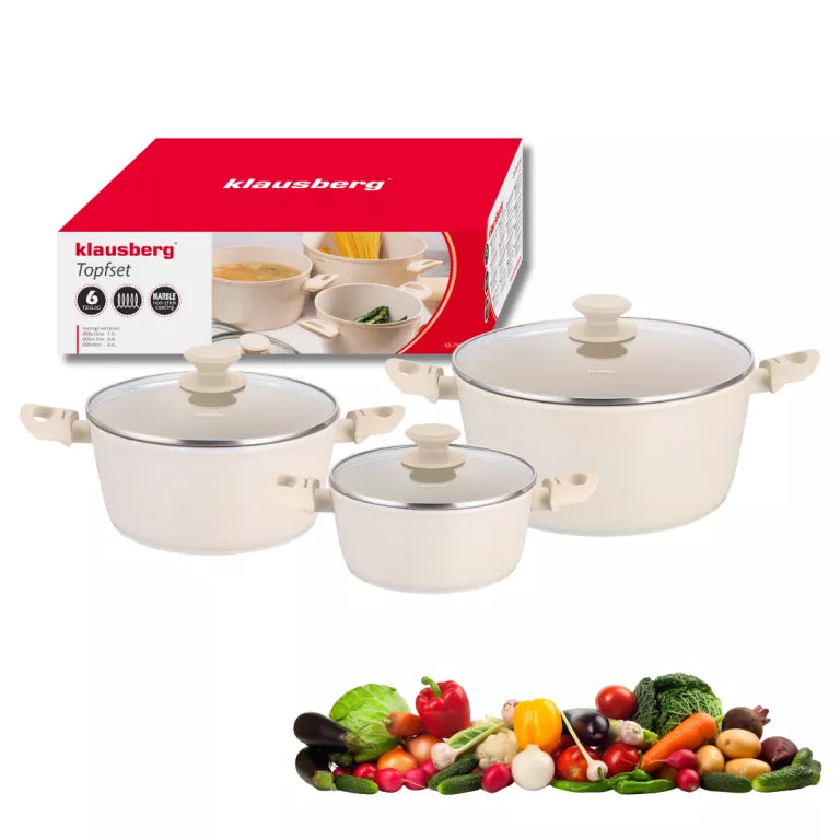 Klausberg puodų rinkinys 6 dalių aliuminis marmuro danga indukcijai smėlio spalvos KB-7961