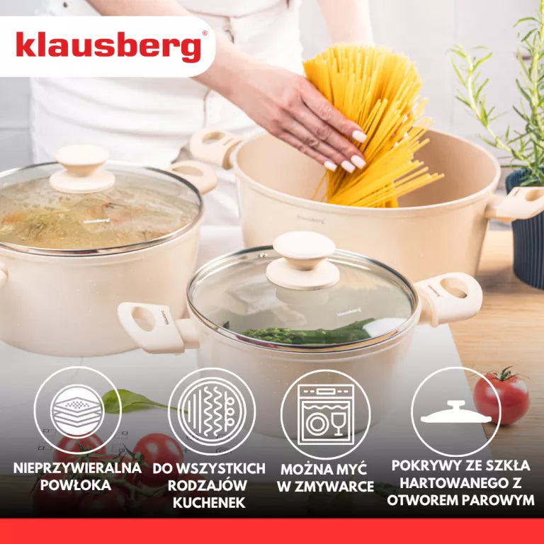 Klausberg puodų rinkinys 6 dalių aliuminis marmuro danga indukcijai smėlio spalvos KB-7961