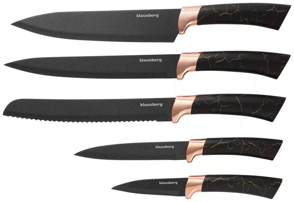 Klausberg virtuvinių peilių rinkinys su stovu, 5 dalių, juodas su rudos spalvos elementais KB-7799