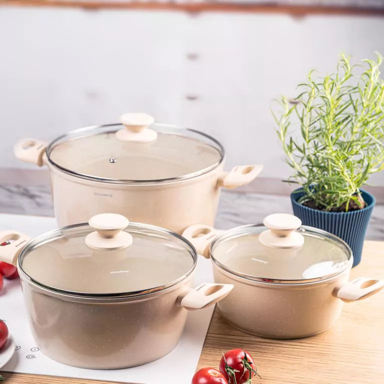 Klausberg puodų rinkinys 6 dalių aliuminis marmuro danga indukcijai smėlio spalvos KB-7961