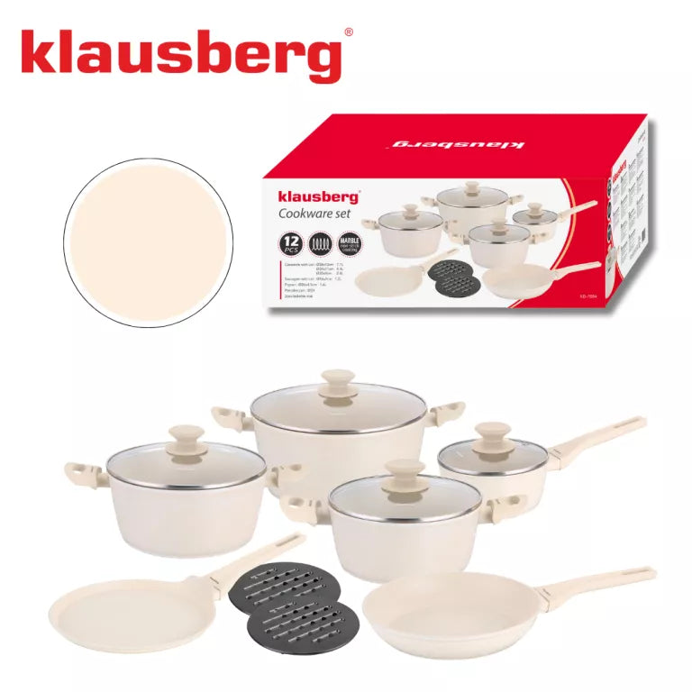 Klausberg puodų ir keptuvių rinkinys 12 dalių aliuminis su marmuro danga kreminis KB-7884