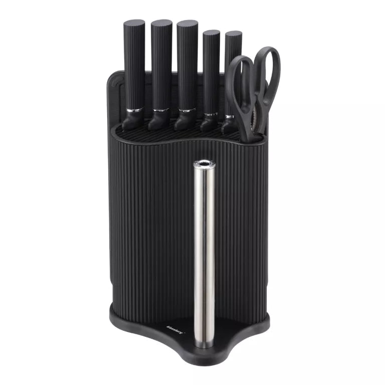 Klausberg peilių rinkinys su stovu, pjaustymo lentele ir popierinių rankšluosčių laikikliu 8 dalių juodas KB-7977