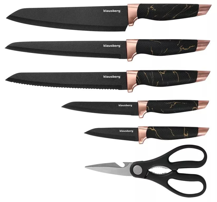 Klausberg virtuvinių peilių rinkinys su stovu ir žirklėmis, 6 dalių, juodas su rudos spalvos elementais KB-7770