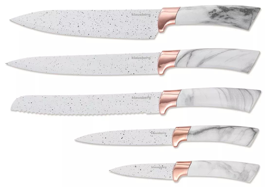 Klausberg virtuvinių peilių rinkinys su stovu, 5 dalių, baltas su rudos spalvos elementais KB-7769