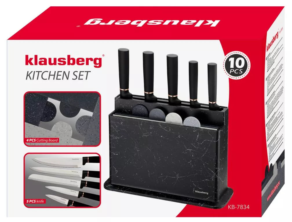 Klausberg virtuvinių peilių ir pjaustymo lentelių rinkinys su stovu, 10 dalių, KB-7834