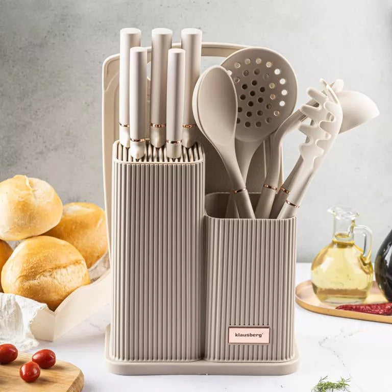 Klausberg virtuvinių peilių, įrankių ir pjaustymo lentos rinkinys, 12 dalių, smėlio spalvos KB-7935