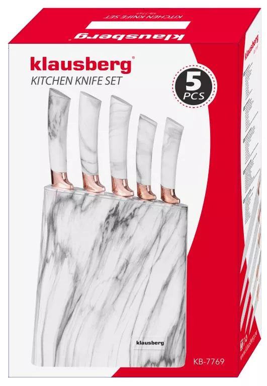 Klausberg virtuvinių peilių rinkinys su stovu, 5 dalių, baltas su rudos spalvos elementais KB-7769