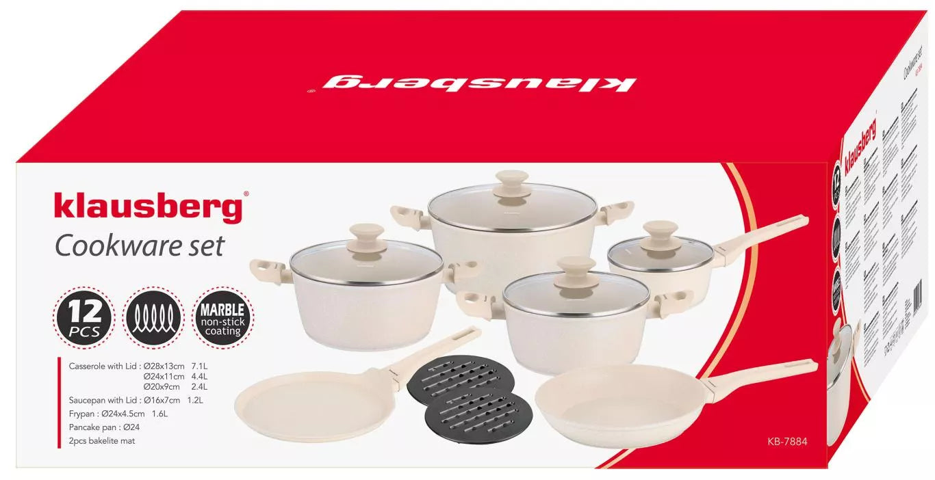 Klausberg puodų ir keptuvių rinkinys 12 dalių aliuminis su marmuro danga kreminis KB-7884