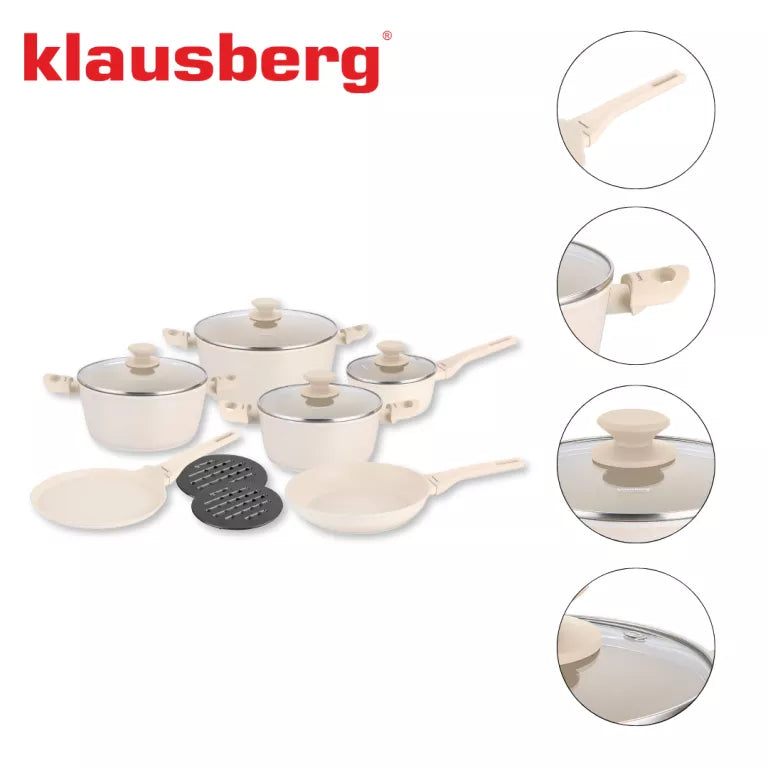 Klausberg puodų ir keptuvių rinkinys 12 dalių aliuminis su marmuro danga kreminis KB-7884
