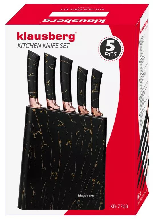 Klausberg virtuvinių peilių rinkinys su stovu, 5 dalių, juodas su rudos spalvos elementais KB-7768