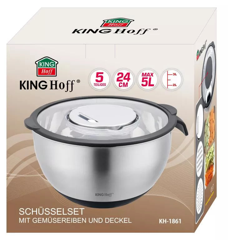 KINGHoff nerūdijančio plieno dubuo su daugiafunkciu dangčiu, 5 l, juodas KH-1861