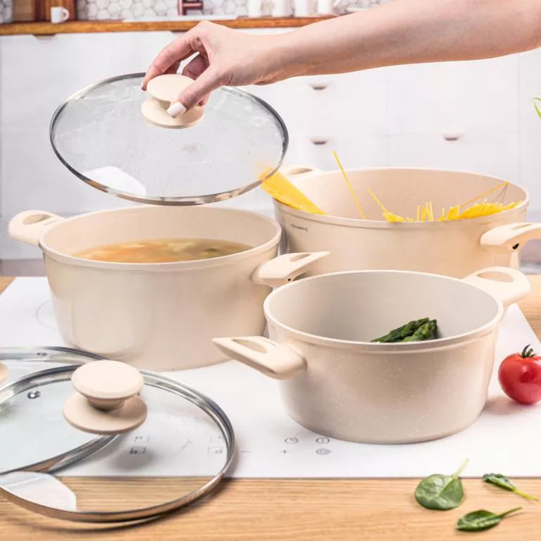 Klausberg puodų rinkinys 6 dalių aliuminis marmuro danga indukcijai smėlio spalvos KB-7961