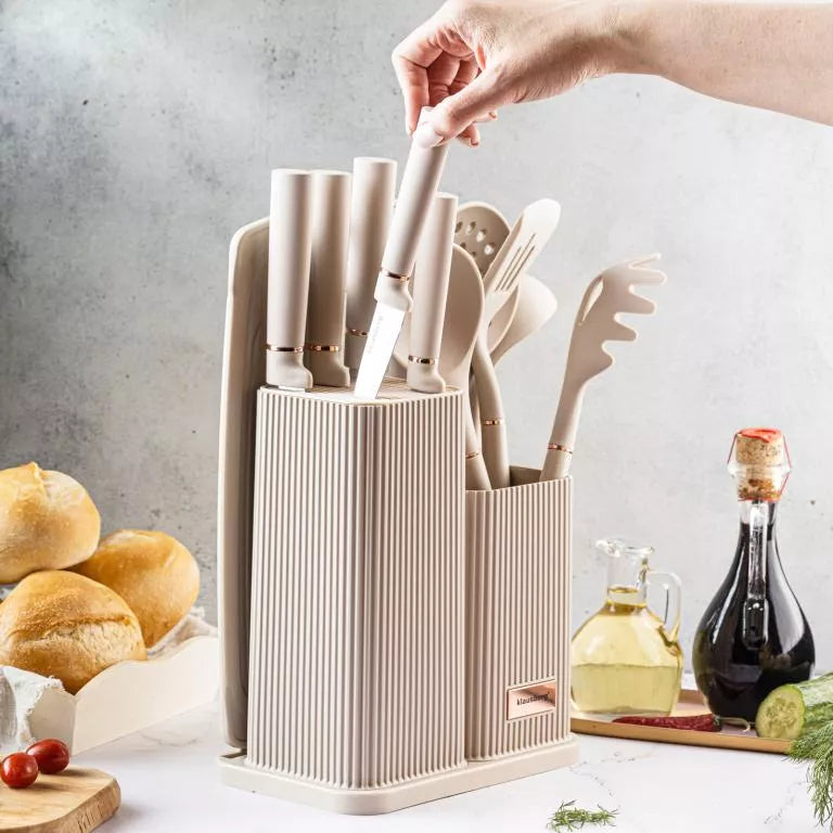 Klausberg virtuvinių peilių, įrankių ir pjaustymo lentos rinkinys, 12 dalių, smėlio spalvos KB-7935