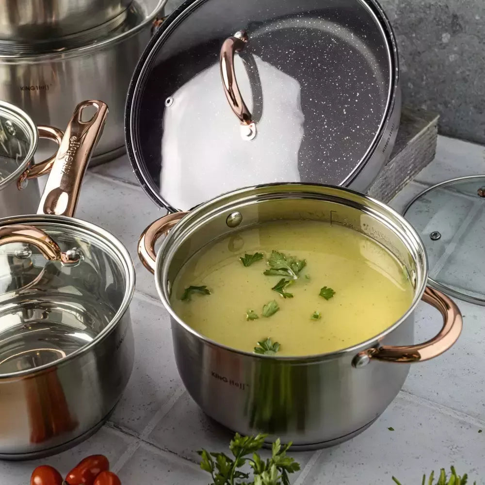 KINGHoff nerūdijančio plieno puodų rinkinys, 12 dalių, rožinio aukso spalvos KH-1766