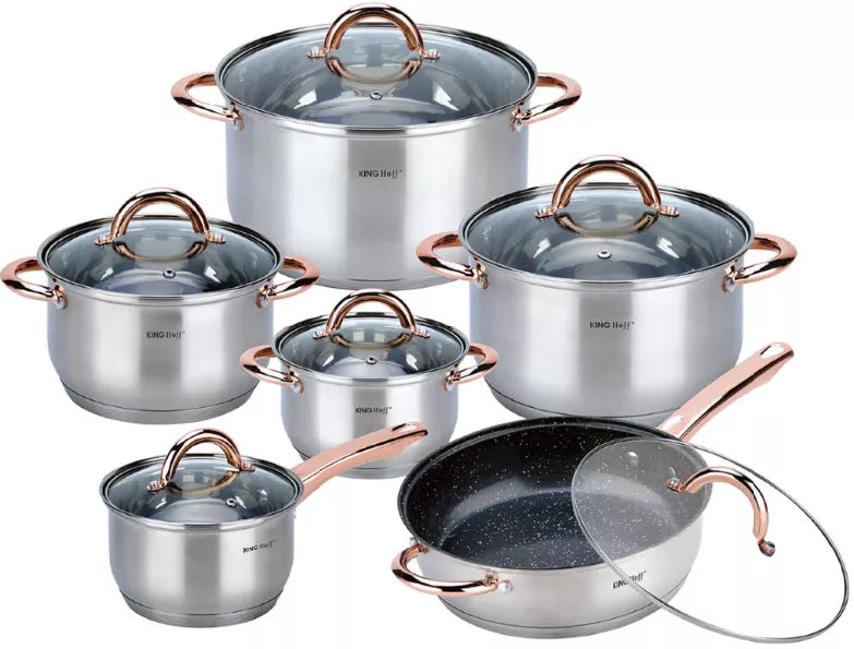 KINGHoff nerūdijančio plieno puodų rinkinys, 12 dalių, rožinio aukso spalvos KH-1766