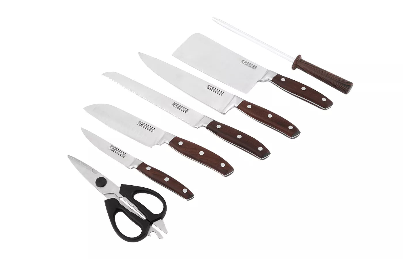 CS Kochsysteme medinis virtuvinių peilių ir įrankių rinkinys su stovu, 8 dalių SOLTAU
